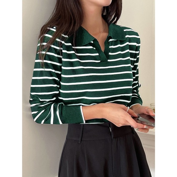 black white preppy Striped print Collared v neck Sweater - Picture 10 of 11